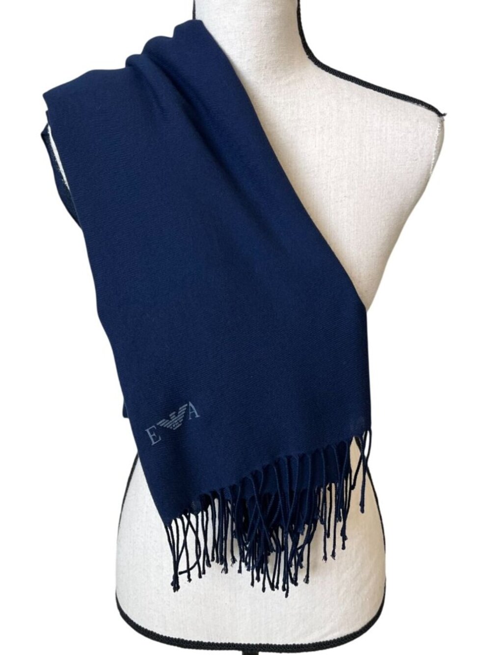 Emporio Armani Navy Blue Logo Fringe Scarf Made In Italy